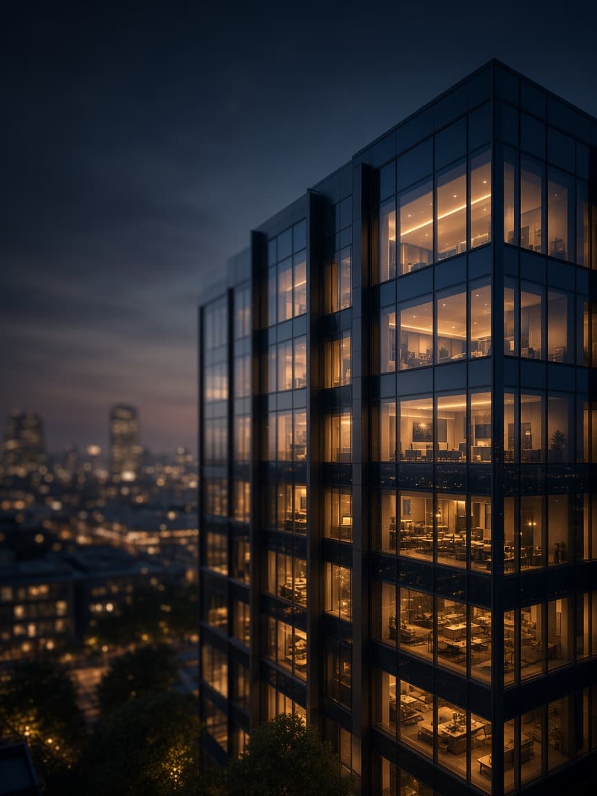 Modern commercial glass building at dusk